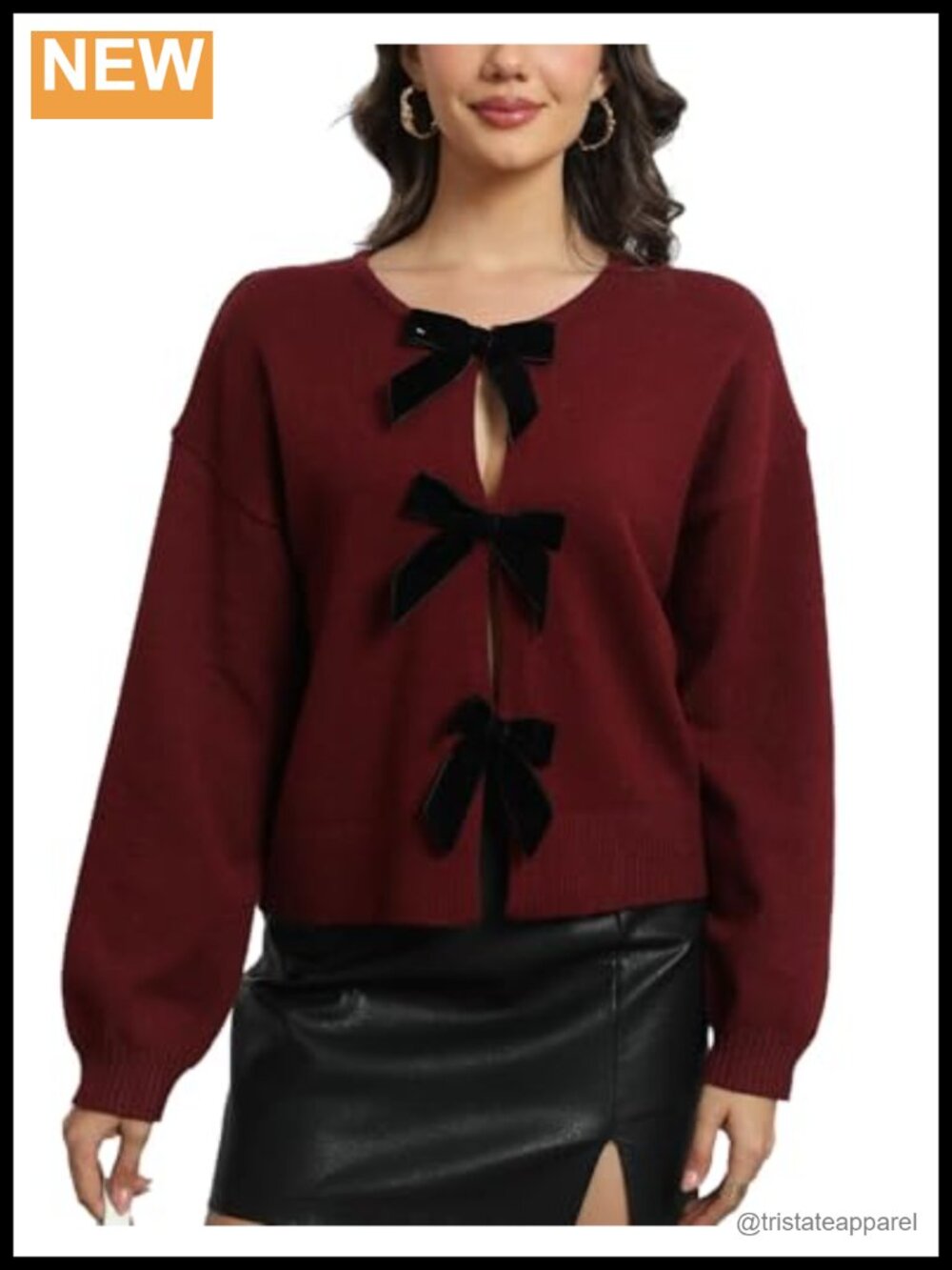Polyester Ladies Cardigan Sweater Crew Neck Bow Detail Open Front Casual Knit